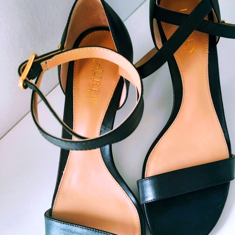 Ralph Lauren, size 9,5, black heeled sandals, pumps, designer heels